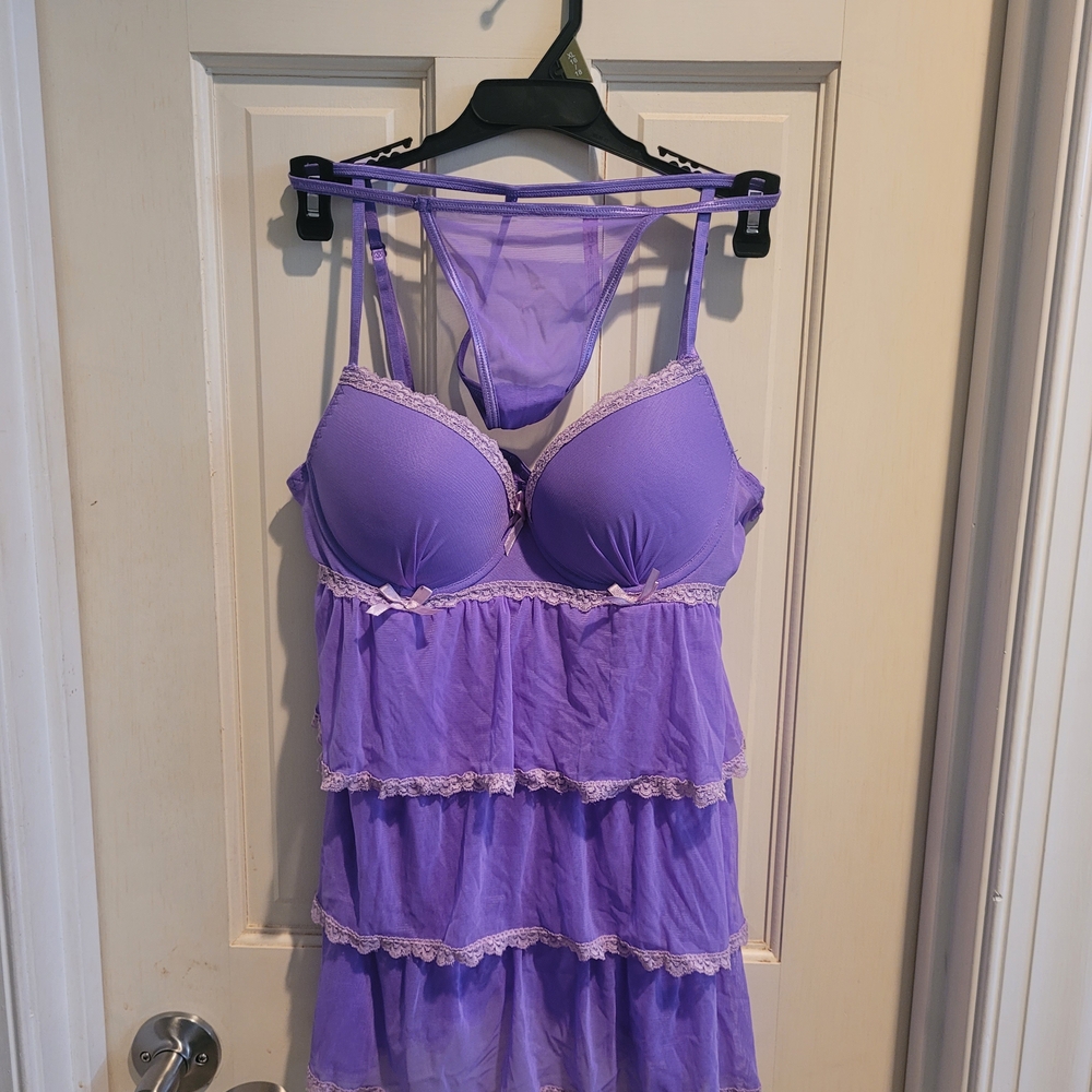 Purple Lace Trim Babydoll Set